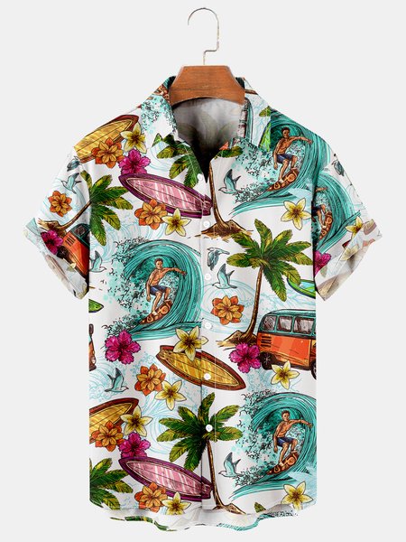 Mens Printed Casual Breathable Hawaiian Short Sleeve Shirt, As picture, Men's Floral shirt
