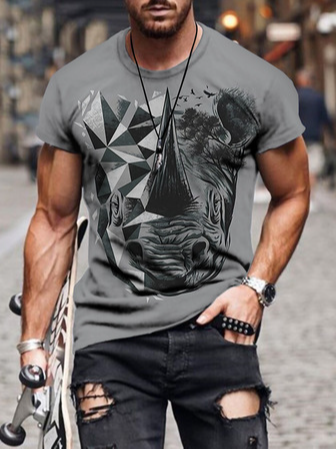 Casual round neck sci-fi & animal print top T-shirt, As picture, T-shirt