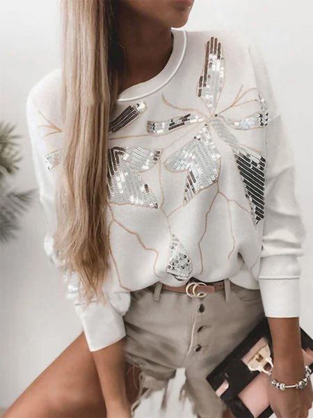 Color Block Loosen Crew Neck Tops, White, Tops