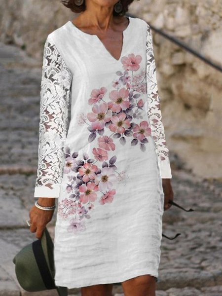 Floral Printed Casual Lace V Neck Knee Dresses, White, Mini Dresses
