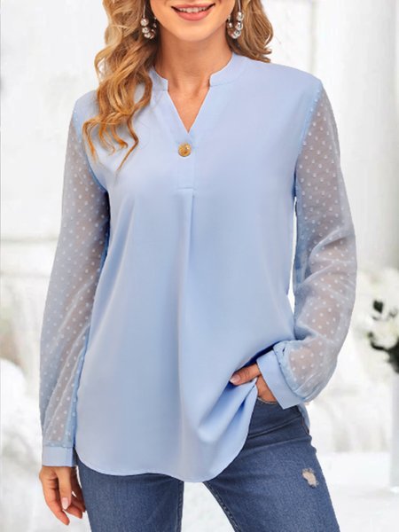 Casual Long Sleeve V Neck Plus Size Tops, Blue, Tops