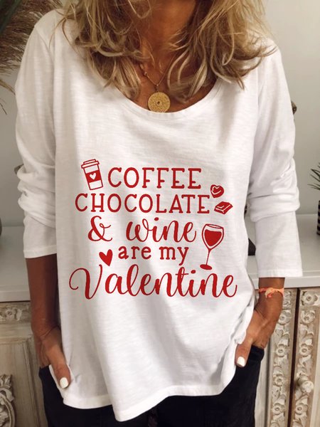 Casual Long Sleeve Round Neck Plus Size Printed Tops T-shirts, White, T-Shirts