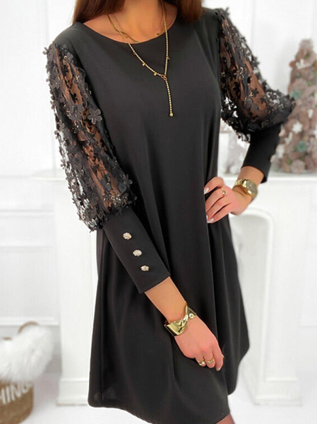 Plain Crew Neck Loosen Casual Dresses, Black, Dresses