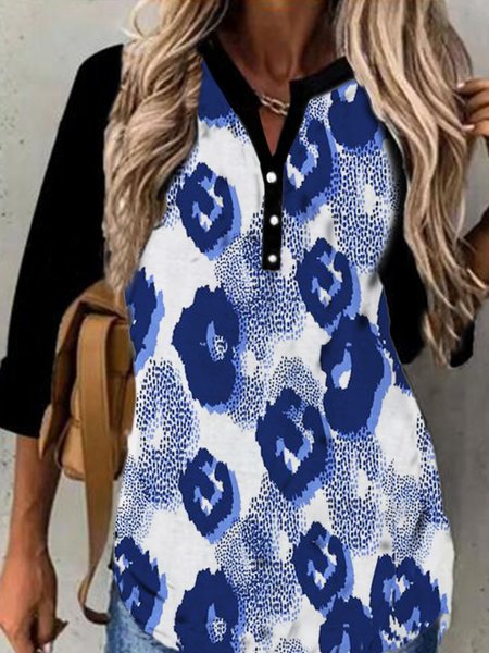 Leopard Shirt Collar Regular Fit Shirts & Tops, Blue, Blouses & Shirts