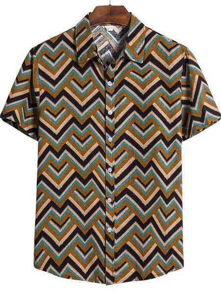 Retro Striped Graphic Short Sleeve Casual Men's Shirt, Coffee, Men's Floral shirt