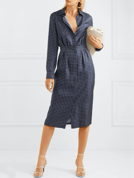 Spring Elegant Lightweight Long sleeve Polka Dots Long sleeve Knit Dress, Navyblue, Midi Dresses