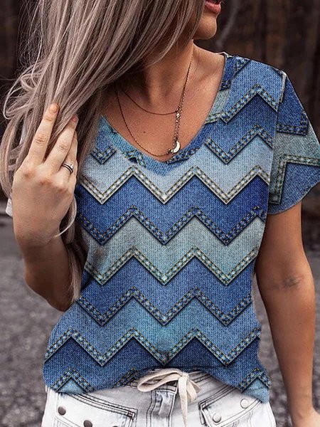 Loosen Cotton Blends V Neck Shirts & Tops, Blue, T-Shirts