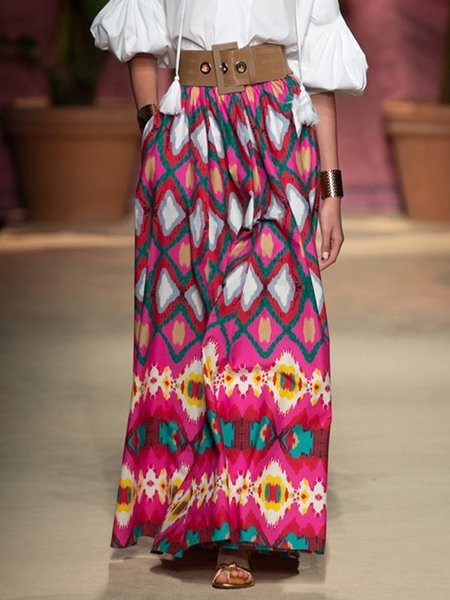 Vacation Tribal Printed Pockets Skirt, Multicolor, Maxi Skirts