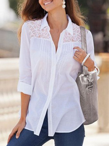 Lapel Plain Casual Lace Shirts & Tops, White, Blouses & Shirts