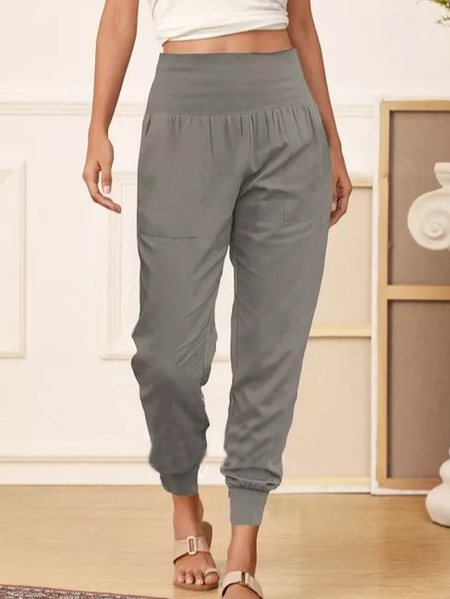Casual Loose Pockets Mid Waist Polyester Pants, Gray, Pants