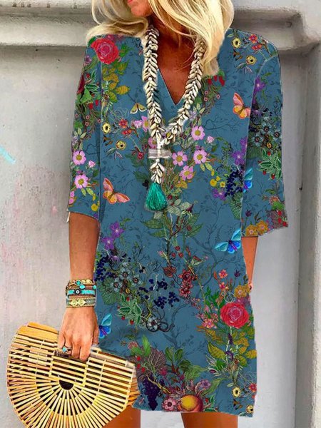 V Neck Floral Loosen Dresses, Blue, Mini Dresses