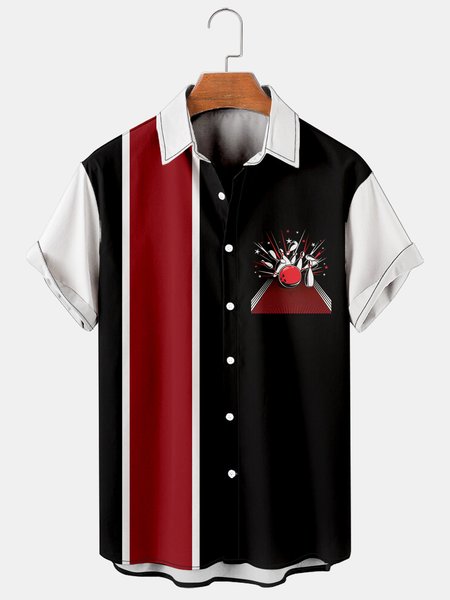 Mens Classic Bowling Print Casual Breathable Short Sleeve Hawaiian Bowling Shirts, Black, Men's Floral shirt