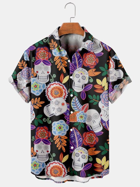 Mens Funky Skull Print Casual Breathable Short Sleeve Hawaiian Shirts, Black, Men's Floral shirt