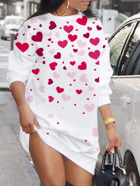 Cotton Blends Casual heart spring Long sleeve Knit Dress, White, Mini Dresses
