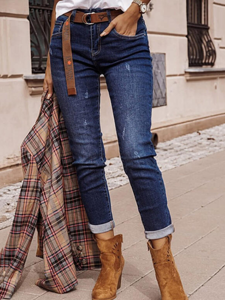 Mid Waist Solid Pocket Ripped Denim Skinny Denim & Jeans, Blue, Pants