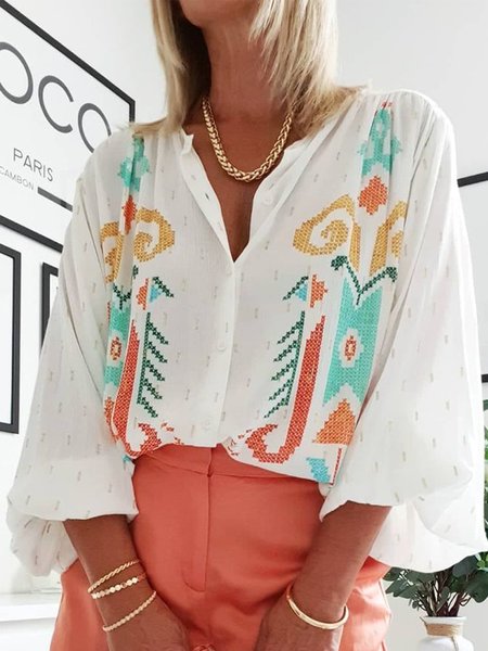 Bishop Sleeve Boho Floral V Neck Shirts & Tops, White, Blouses & Shirts