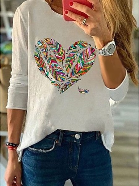 Casual Crew Neck Shirts & Tops, White, Long sleeve tops