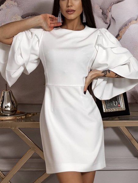 Solid Round Neck Flare Sleeve White Dress, Mini Dresses 
Solid Round Neck Flare Sleeve White Dress, Mini Dresses