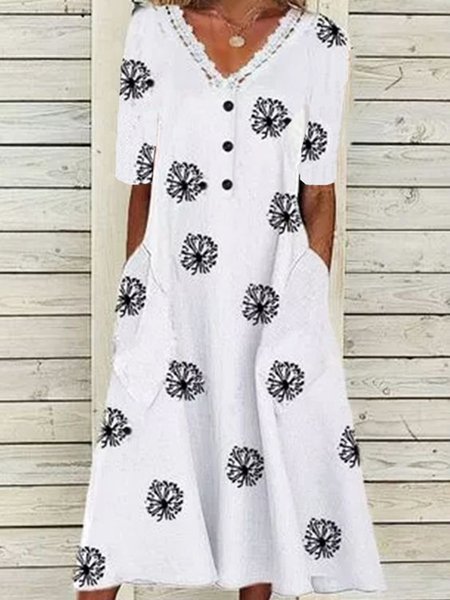 Casual Dandelion Printed V Neck Lace Short Sleeve A-line Dresses, White, Midi Dresses