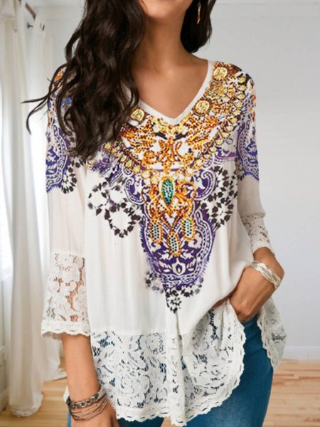 Casual V Neck Regular Fit Shirts & Tops, White, Tops
