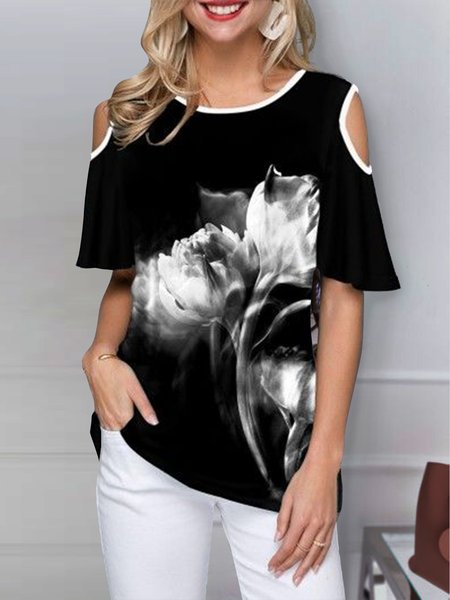 Vacation round neck short-sleeved straight black and white transparent floral short-sleeved T-shirt, Black-white, T-Shirts
Vacation round neck short-sleeved straight black and white transparent floral short-sleeved T-shirt, Black-white, T-Shirts