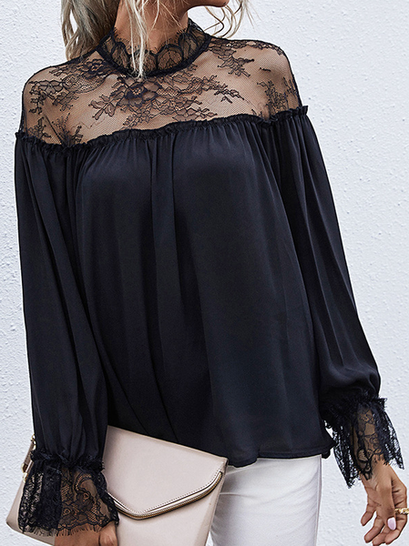 Lace Plain Casual Shirts & Tops, Black, Long sleeve tops