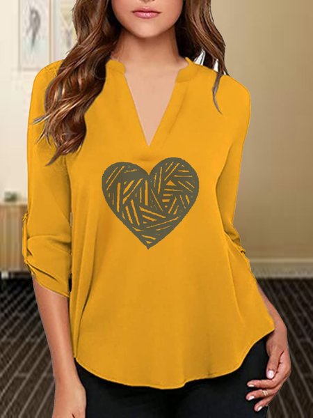 V Neck Loosen Casual Shirts & Tops, Yellow, Long sleeve tops