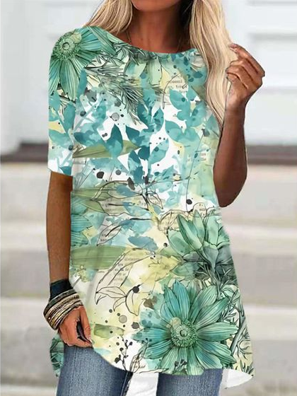 Raglan Sleeve Floral Shirts & Tops, Green, T-Shirts