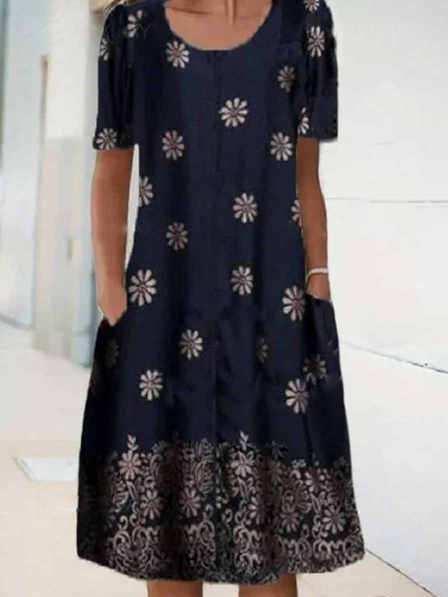 Floral Crew Neck Loosen Dresses, Navy blue, Casual Dresses