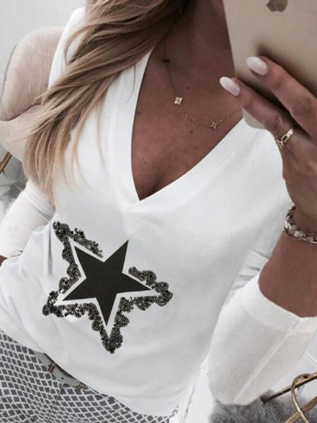 Long Sleeve Casual V Neck Shirts & Tops, White, T-Shirts