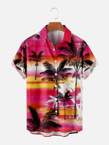Casual Resort Coconut Tree Print Short Sleeve Shirt, Pink, Short Sleeves Shirts
