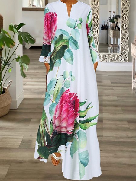 Casual Vacation Floral Print Notched Neck Loosen Maxi Dresses, White, Maxi Dresses
