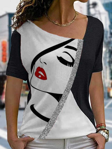 Casual Abstract V Neck Short Sleeve T-shirt, Black, T-Shirts