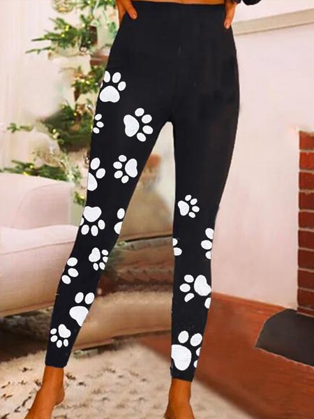 Casual Printed Pants Leggings, Black, Leggings