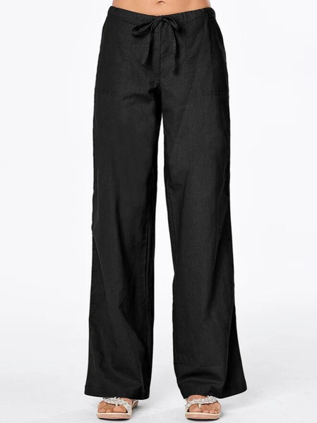 Casual loose wide leg lace-up waist linen women's trousers, Black, Pants