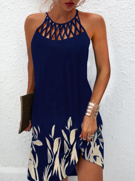 Floral Sexy Halter Dresses, Blue, Mini Dresses