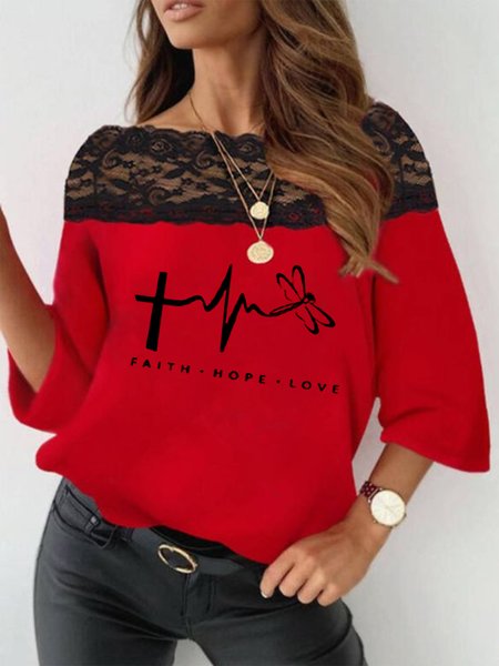 Dragonfly Printed Lace Boat Neck Three Quarter Loosen Shirts & Tops, Red, T-Shirts