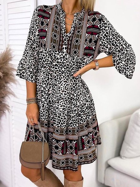 V Neck Casual Leopard Dresses, As picture, Mini Dresses