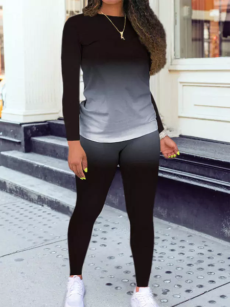 Ombre Crew Neck Long sleeve Casual Two Piece Sets, Black, Two-piece Outfits