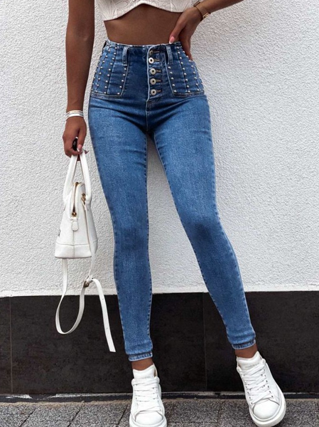 Beaded Fashion Denim Pants, Blue, Jeans