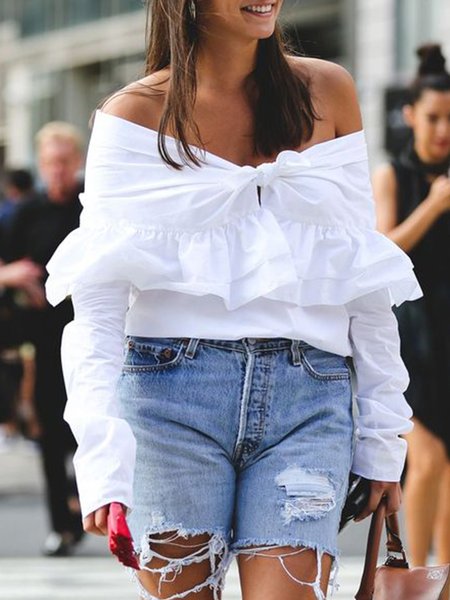 Long sleeve Off The Shoulder Elegant Daily Top, White, Tops