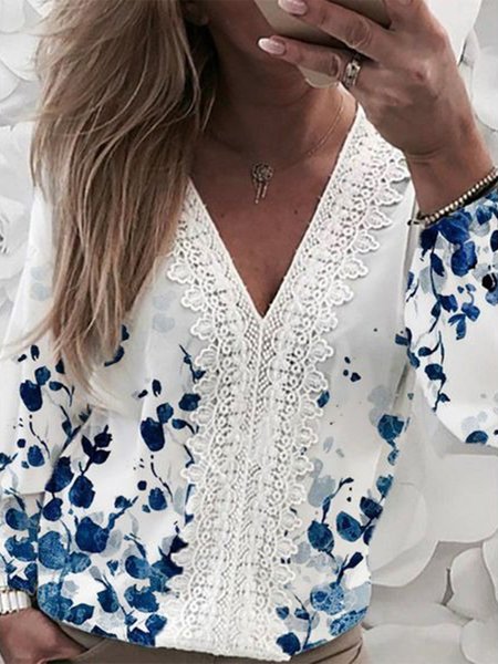 Lace V Neck Long Sleeves Floral Pattern Plus Size Casual Tops, White, Tops