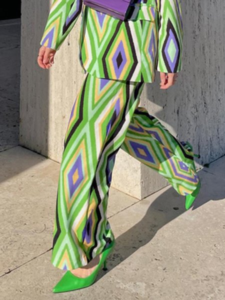 Geometric Regular Fit Simple Long Pants, Green, Wide Leg Pants