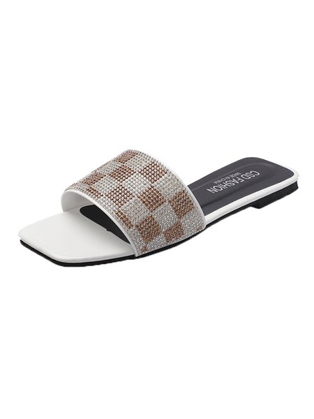 Rhinestone-embellished Checkerboard Slides, White, Slippers