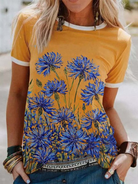 Holiday Floral Print Round Neck Short Sleeve Casual T-Shirts, Yellow, T-Shirts