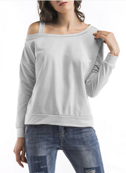 One Shoulder Solid Loosen Shirts & Tops, Gray, Long sleeve tops