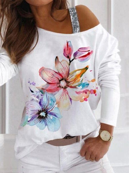 Floral Pattern Long Sleeves Off Shoulder Sequins Plus Size Casual Tops, White, T-Shirts
Floral Pattern Long Sleeves Off Shoulder Sequins Plus Size Casual Tops, White, T-Shirts