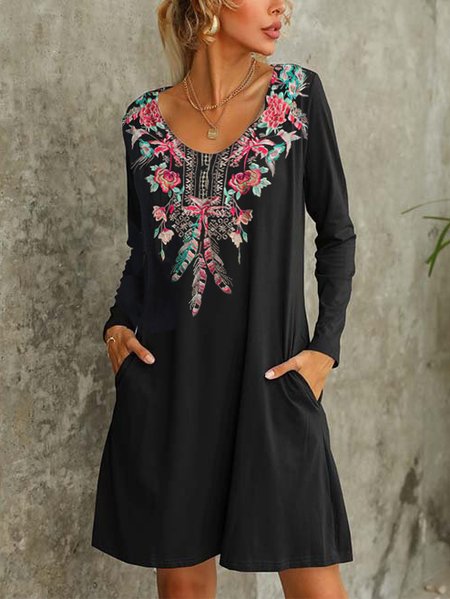 Casual Floral V Neck Dresses, Black, Mini Dresses