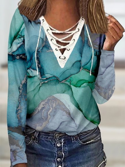 Landscape Painting Long Sleeves Lace-up V Neck Plus Size Casual Tops, Multicolor, T-Shirts
Landscape Painting Long Sleeves Lace-up V Neck Plus Size Casual Tops, Multicolor, T-Shirts