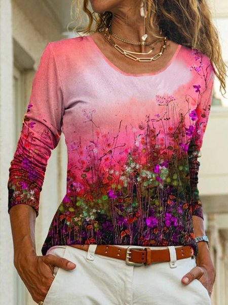 Cotton Blends Romantic Ombre Floral Round Neck Regular Fit Shirts & Tops, Flower, T-Shirts